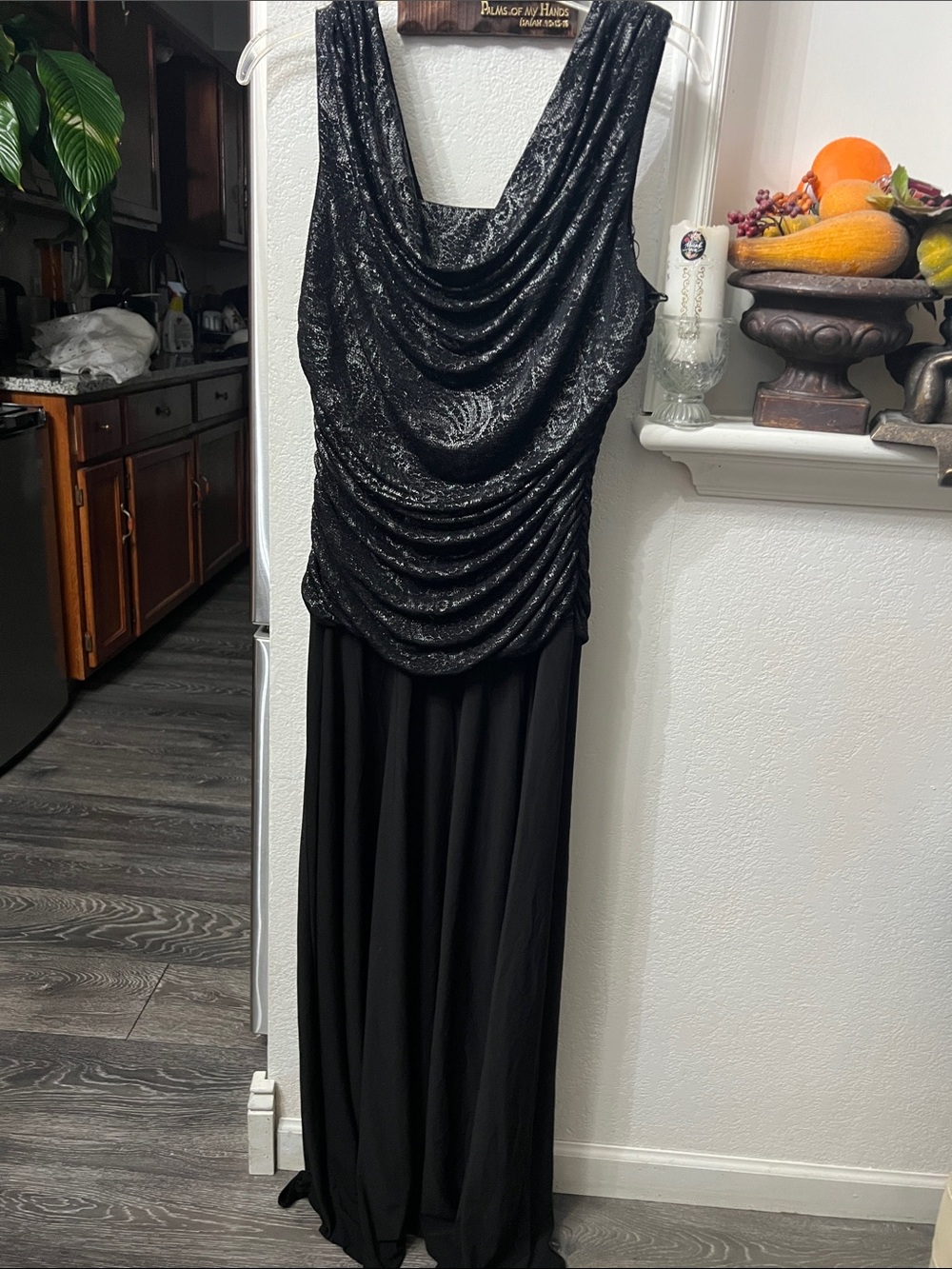 R&M Richards Black Sequined Draped Maxi Gown